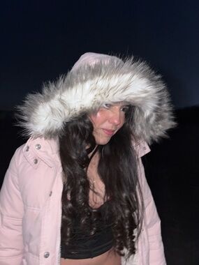 Light Pink Hooded Parka with Faux Fur Trim